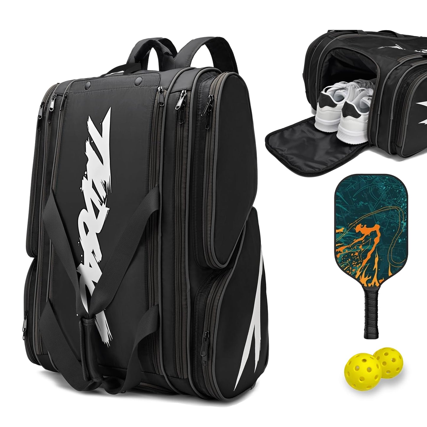 Pickleball Bag - Large Paddle Bag for 4 Paddles & Accessories - Fence Hook, Extra Pockets, Shoe Compartment