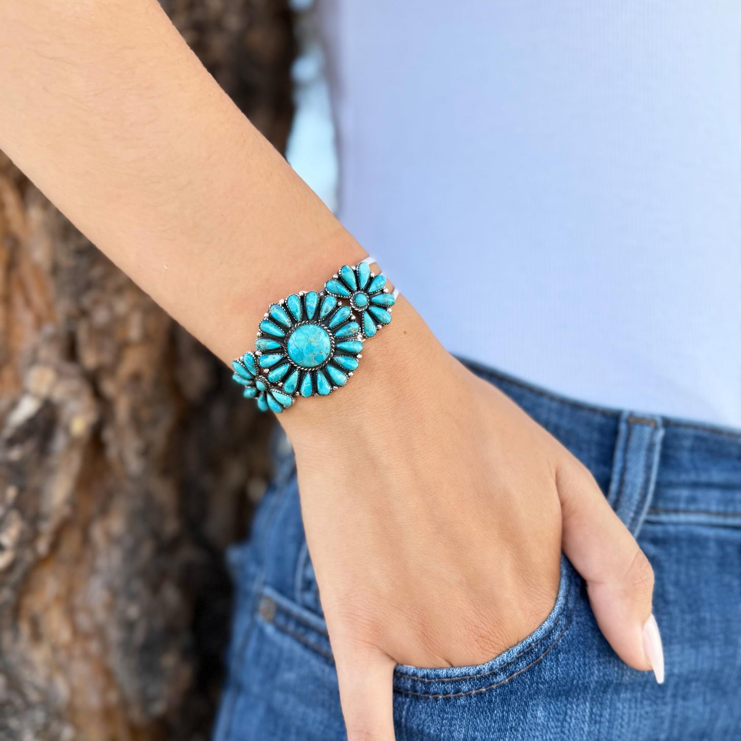 Turquoise Network Southwest Style Genuine Gemstones 925 Sterling Silver Cluster Bracelet