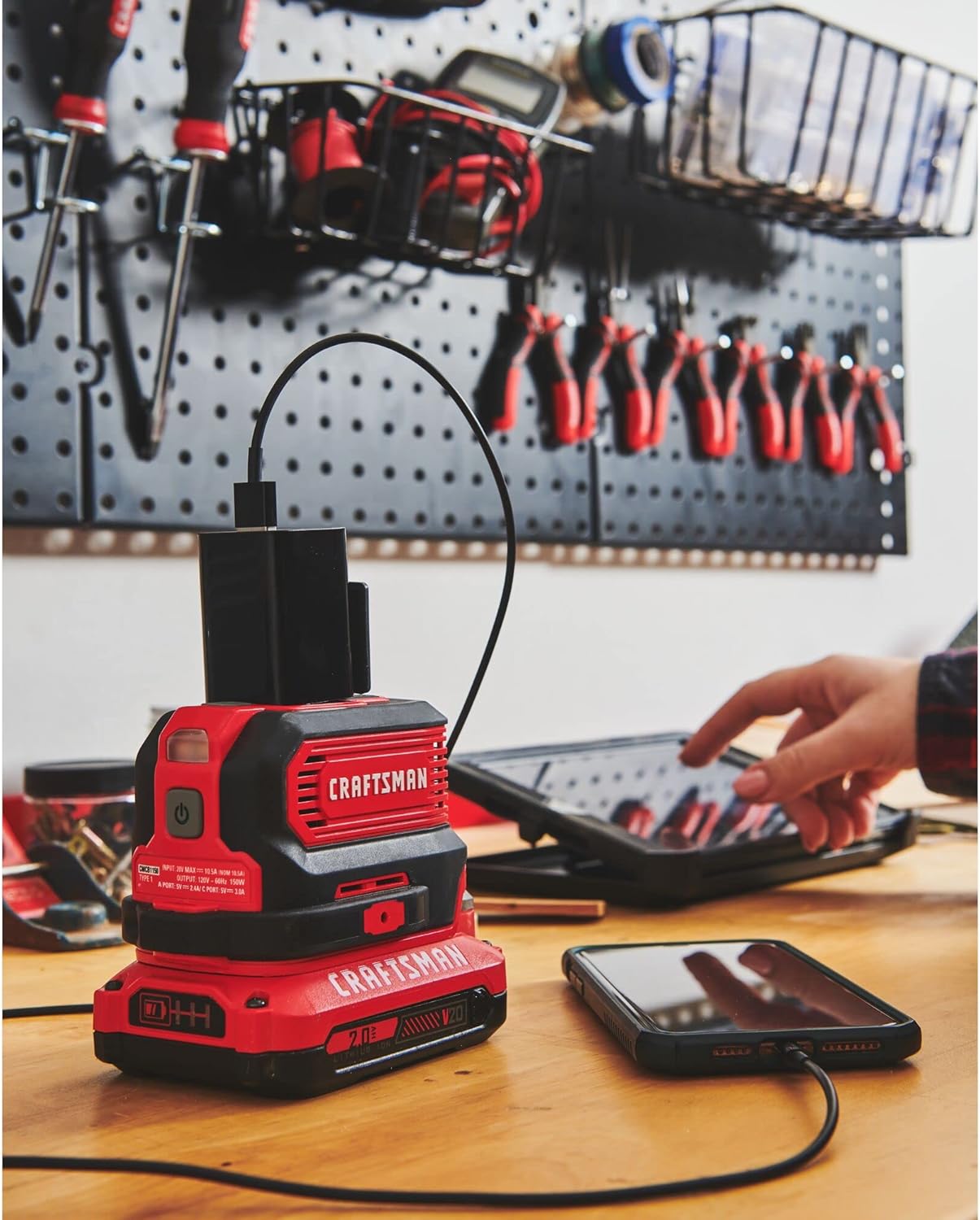 CRAFTSMAN V20 Charger, Power Inverter, Charging Ports for Type-C, Type-A, and AC, 150 Watts, Bare Tool Only (CMCB1150B)