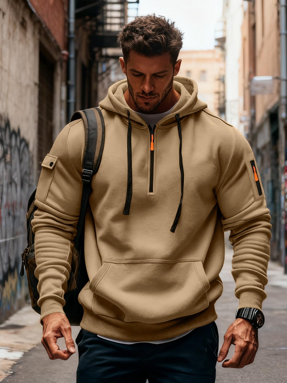 Men's Fleece Workout Athletic Pullover Hoodie Long Sleeve Basic Quarter Zip Pullover Sweatshirt with Kanga Pocket