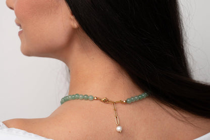 Green Aventurine Jade Necklace, Green Choker Necklace Healing Crystal Necklace with Pearl for Women, Handmade Necklaces Spiritual Jewelry for Women.