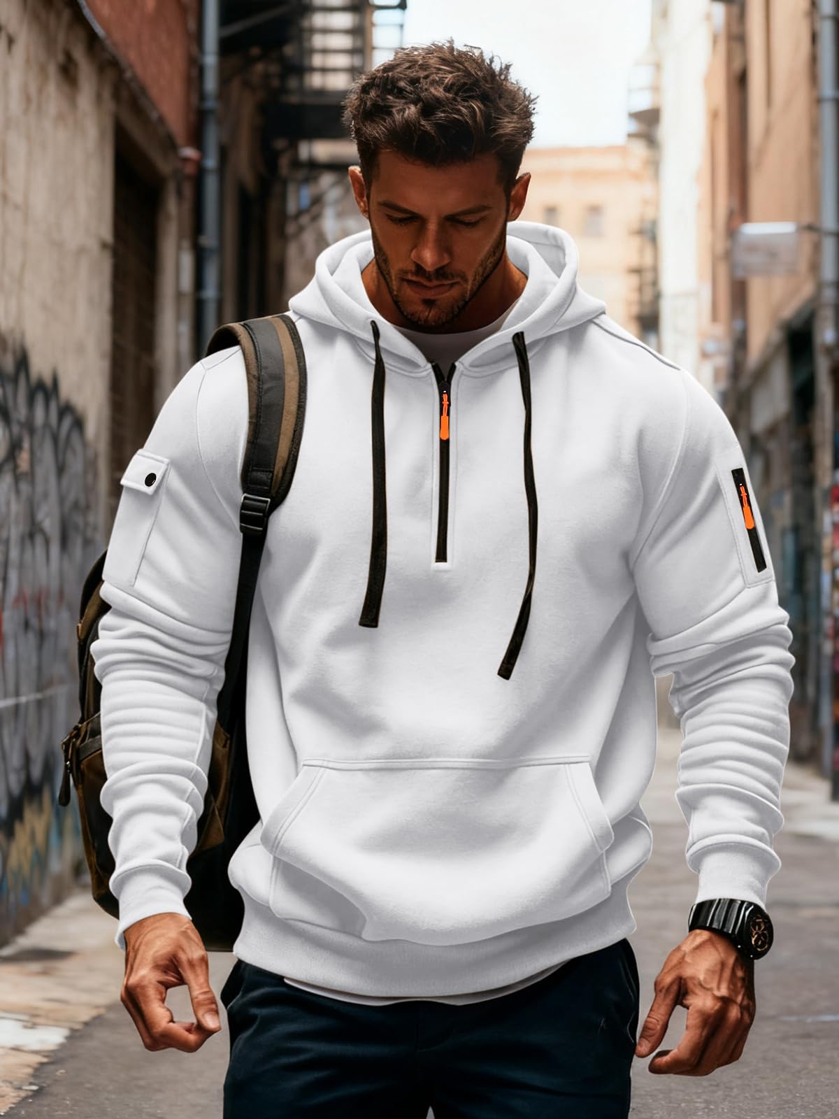 Men's Fleece Workout Athletic Pullover Hoodie Long Sleeve Basic Quarter Zip Pullover Sweatshirt with Kanga Pocket