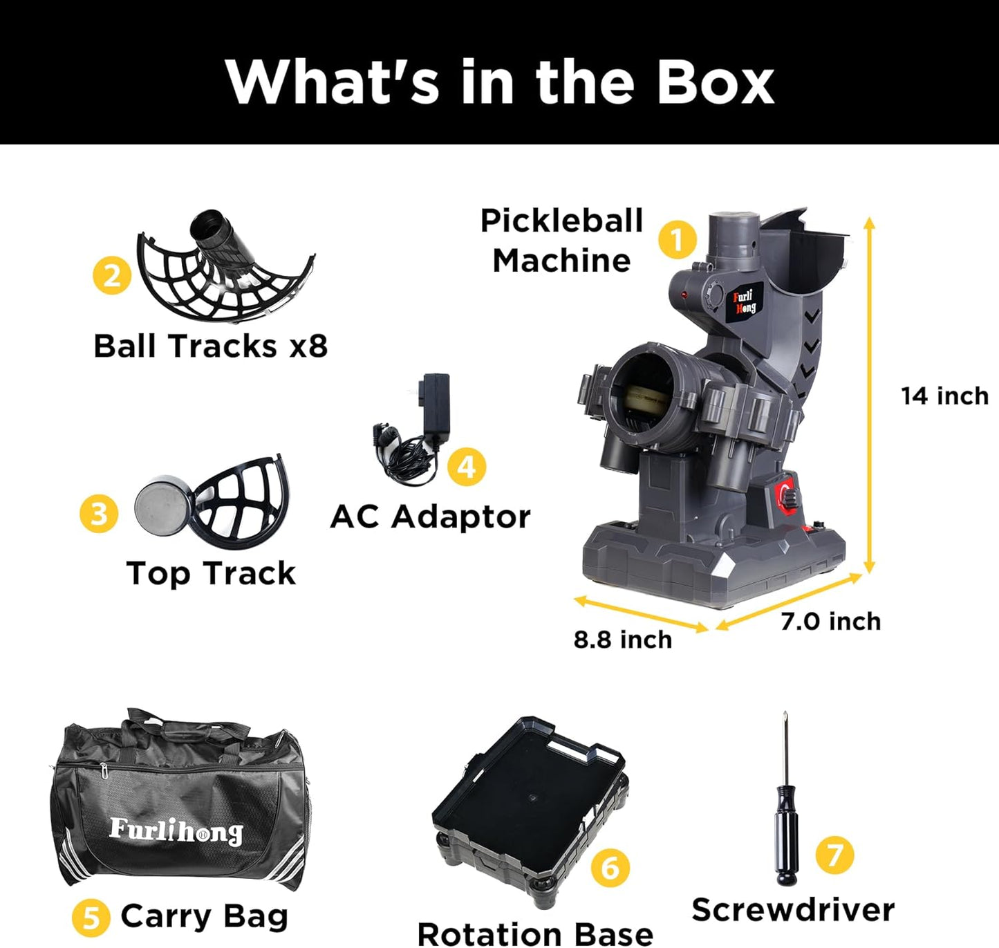 Furlihong 3806PBH Pickleball Machine with Oscillating Base, Adjustable Speed, Auto Swing Launch Port, Battery/AC Powered, Suitable for All Skill Levels