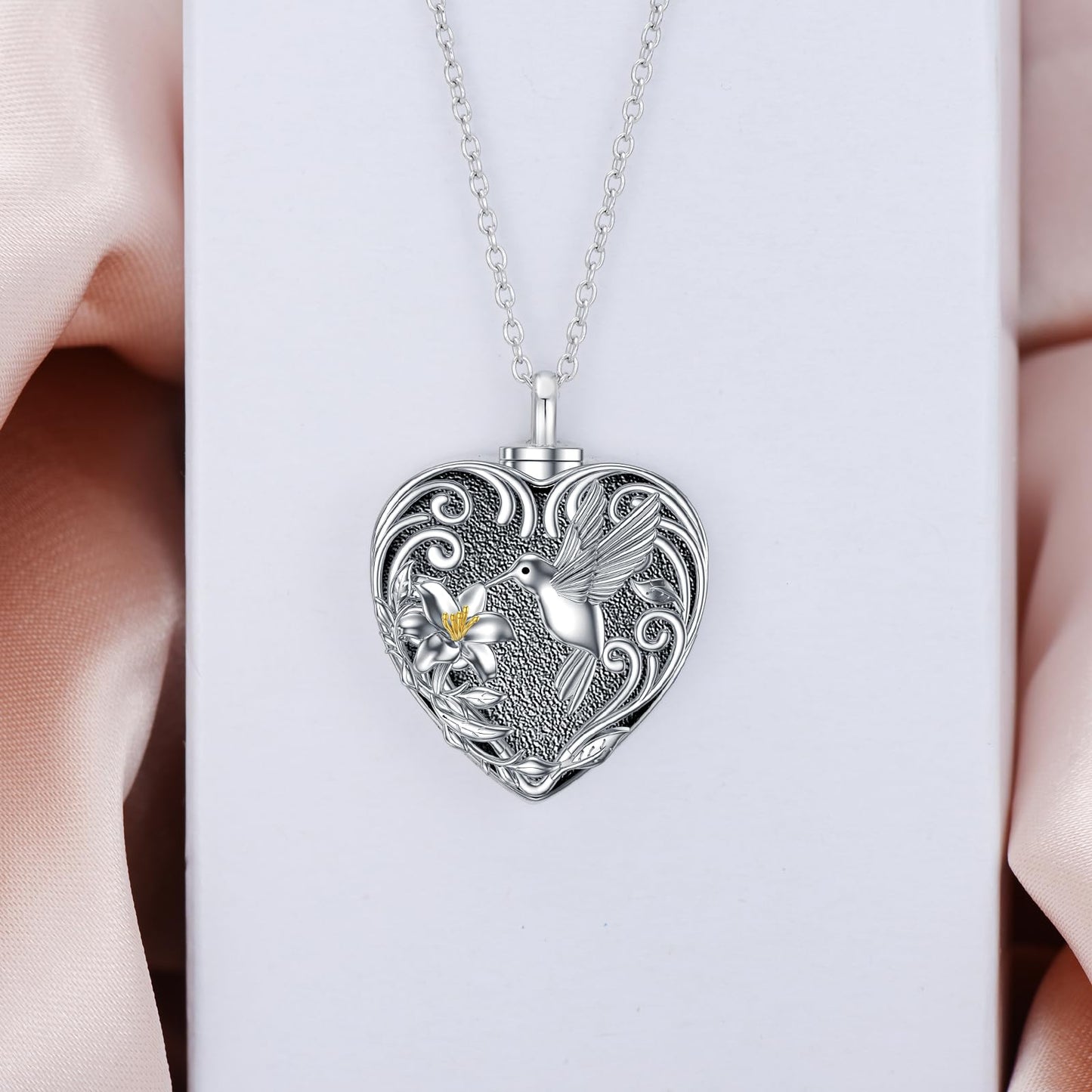 TOUPOP Hummingbird Urn Necklace for Ashes 925 Sterling Silver Heart Cremation Jewelry Keepsake Pendant with Funnel Filler Memorial Christmas Gifts for Women Mom Wife