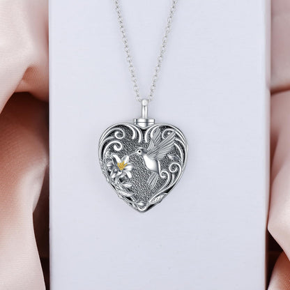 TOUPOP Hummingbird Urn Necklace for Ashes 925 Sterling Silver Heart Cremation Jewelry Keepsake Pendant with Funnel Filler Memorial Christmas Gifts for Women Mom Wife