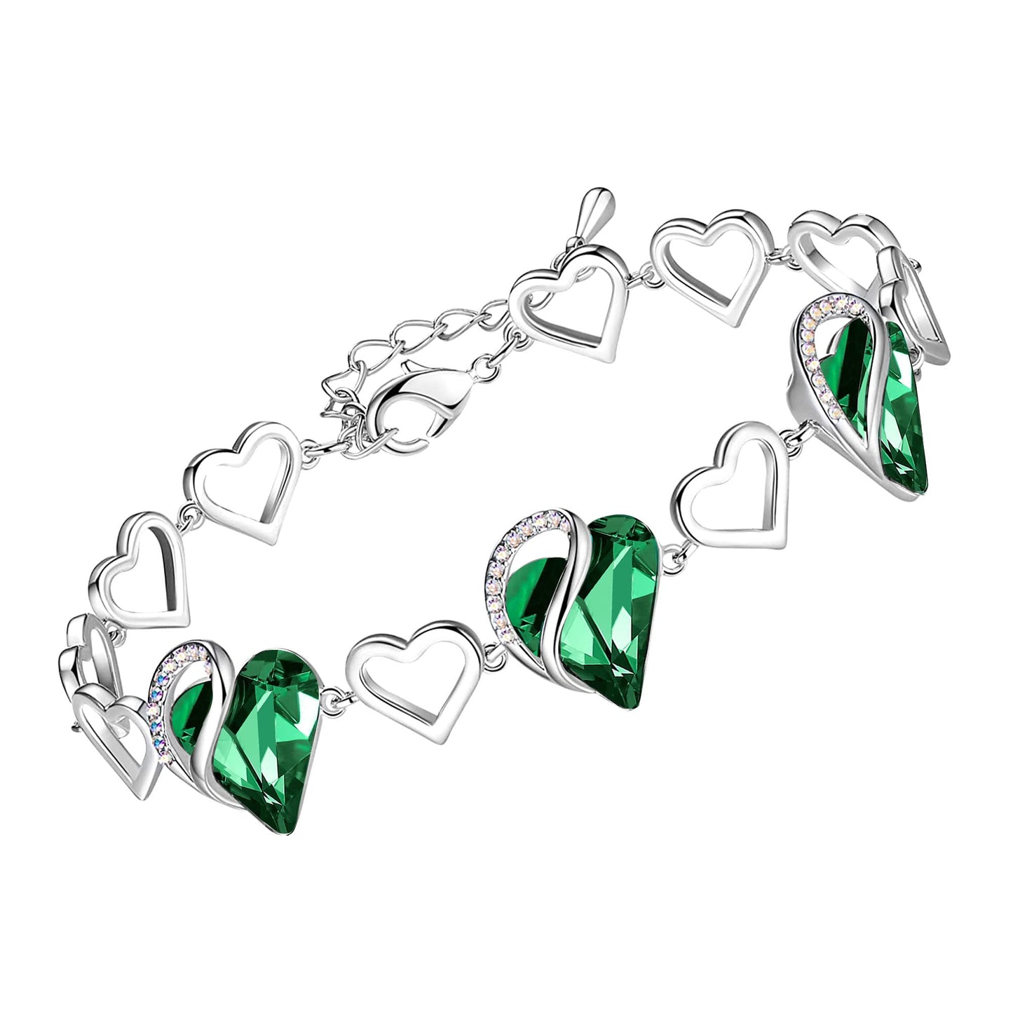 Leafael Infinity Love Heart Link Bracelets, Birthstone or Healing Stone Crystal Bracelet for Women, Silver Tone Jewelry Gifts for Her, 7-inch Chain and 2-inch Extender