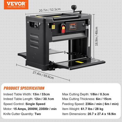 VEVOR Thickness Planer, Two-Blade, 13" Width Worktable Benchtop Planer, 15-Amp 2000W Powerful Motor, 12" Extended Infeeding Table, Low Noise for both hard & soft wood material removal
