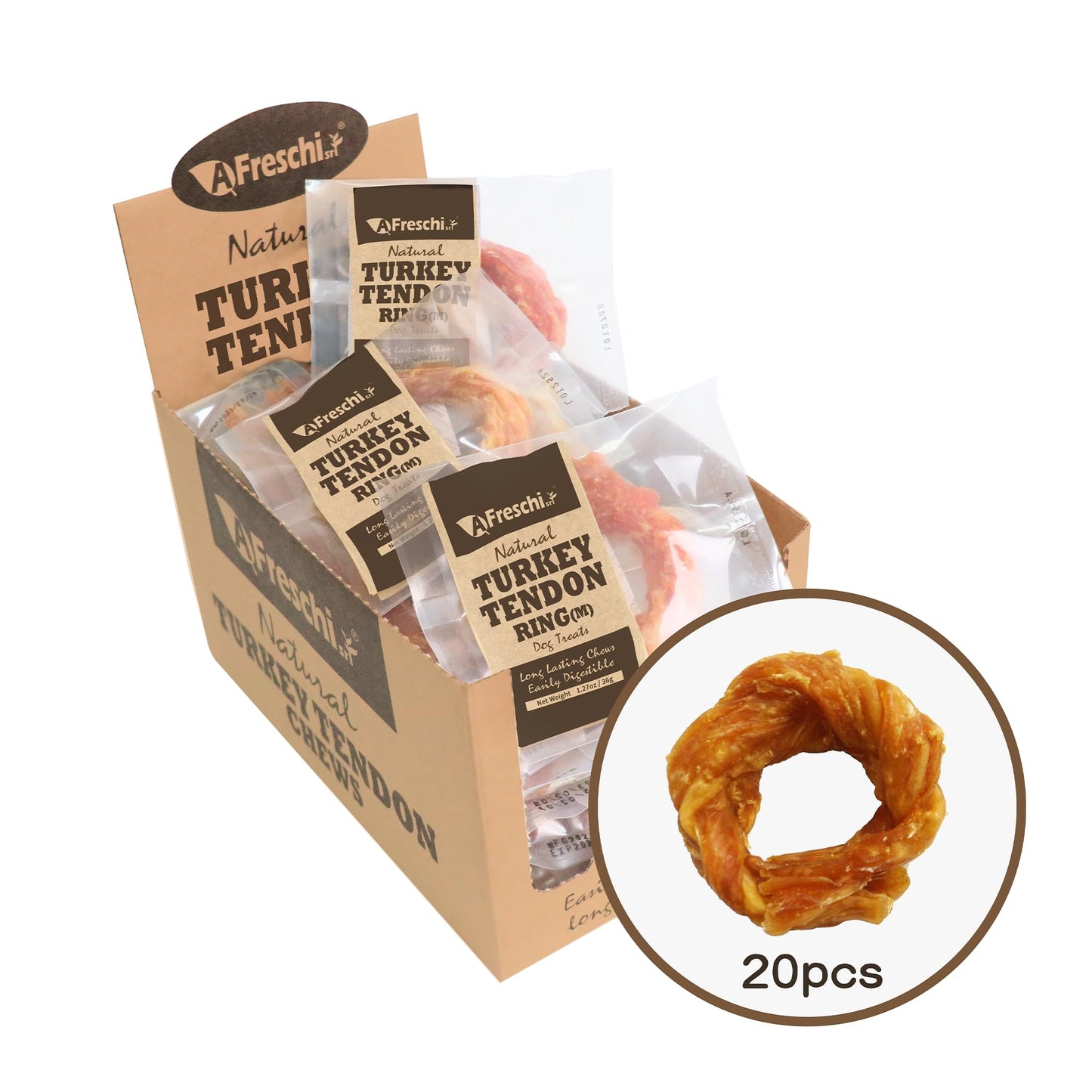 AFreschi Turkey Tendons for Dogs, USA-Sourced, Healthy Dog Treats, Rawhide-Free Puppy Chews, Long Lasting, All Natural, Hypoallergenic Dog Treats for Medium Breeds, 6 Count Pack Braid (M)