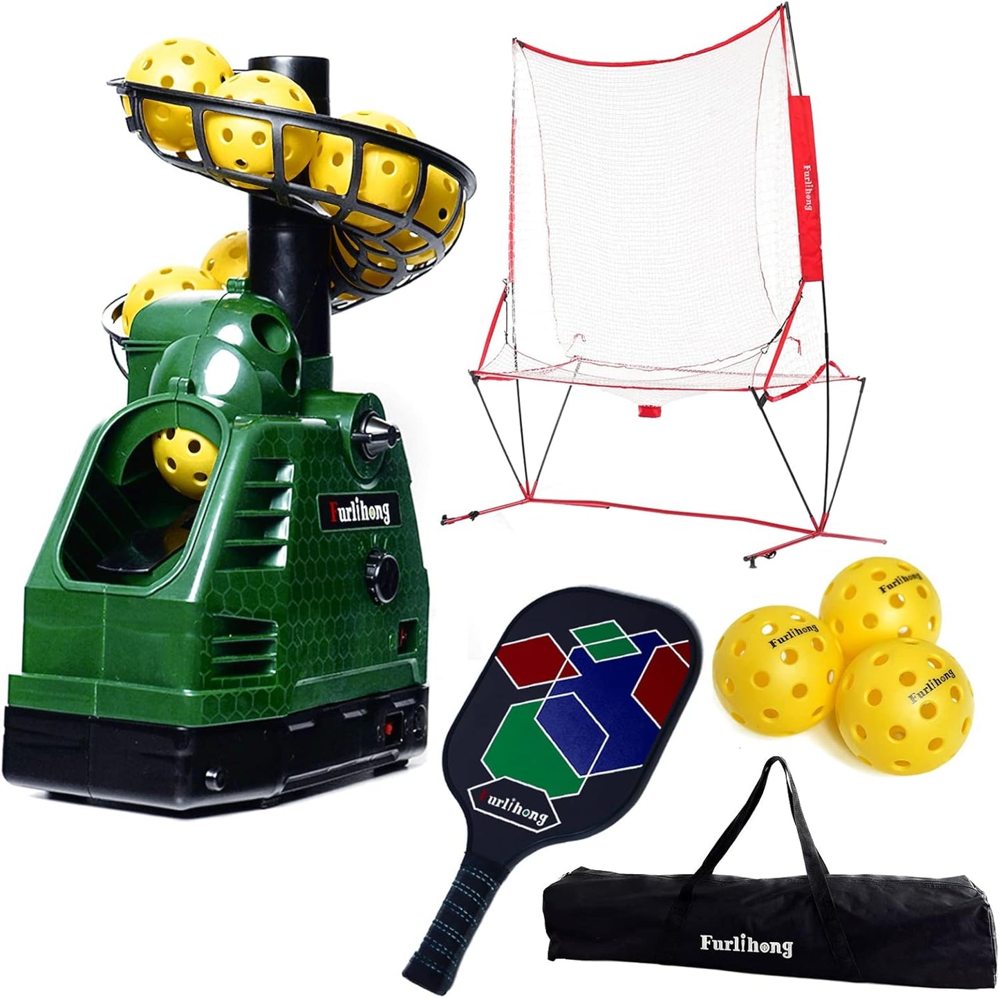 Furlihong 680PBH Pickleball Starter Kit, Including Launch Machine, Ball Recycling Net, Pickleball Paddle, 3 x Pickleballs and Carrying Bag