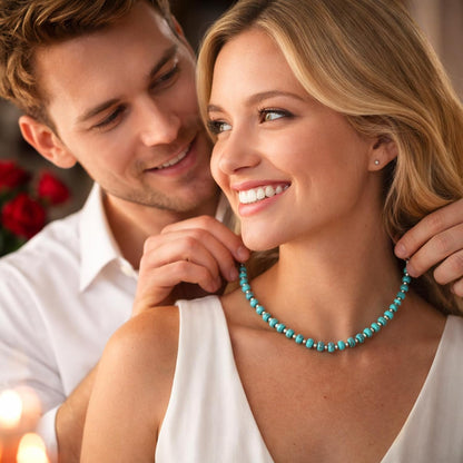 Sheplus Valentines Day Gift - 925 Sterling Silver Genuine Turquoise Beaded Choker Necklace Real Western Jewelry for Anniversary Wife