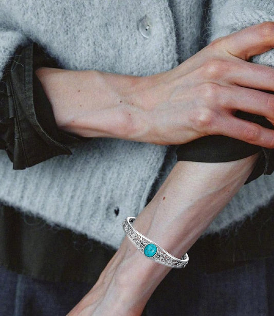 Genuine Turquoise Cuff Bracelet for Women, Sterling Silver Western Vintage Floral Bangle Native American Jewelry, For 6.5-7.5 Inch Wrists