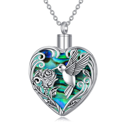 TOUPOP Hummingbird Urn Necklace for Ashes 925 Sterling Silver Heart Cremation Jewelry Keepsake Pendant with Funnel Filler Memorial Christmas Gifts for Women Mom Wife