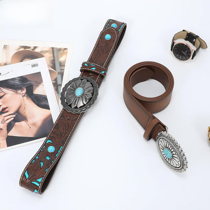 Women's Western Genuine Leather Belt Vintage Turquoise Buckle Cowgirl Concho Belt