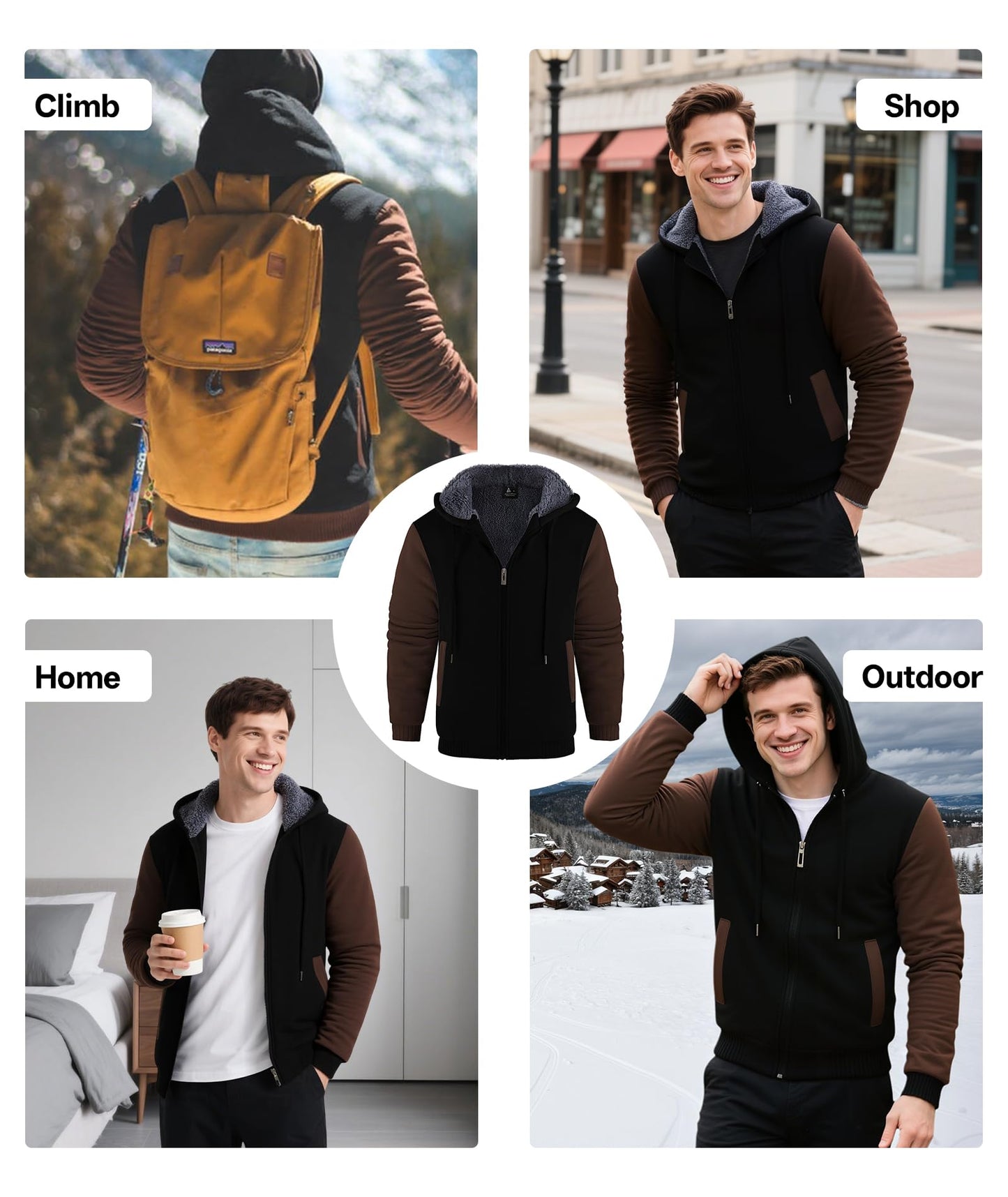 V VALANCH Men Hoodies Zip Up Sherpa Lined Sweatshirts Heavyweight Thick Warm Fleece Winter Jacket