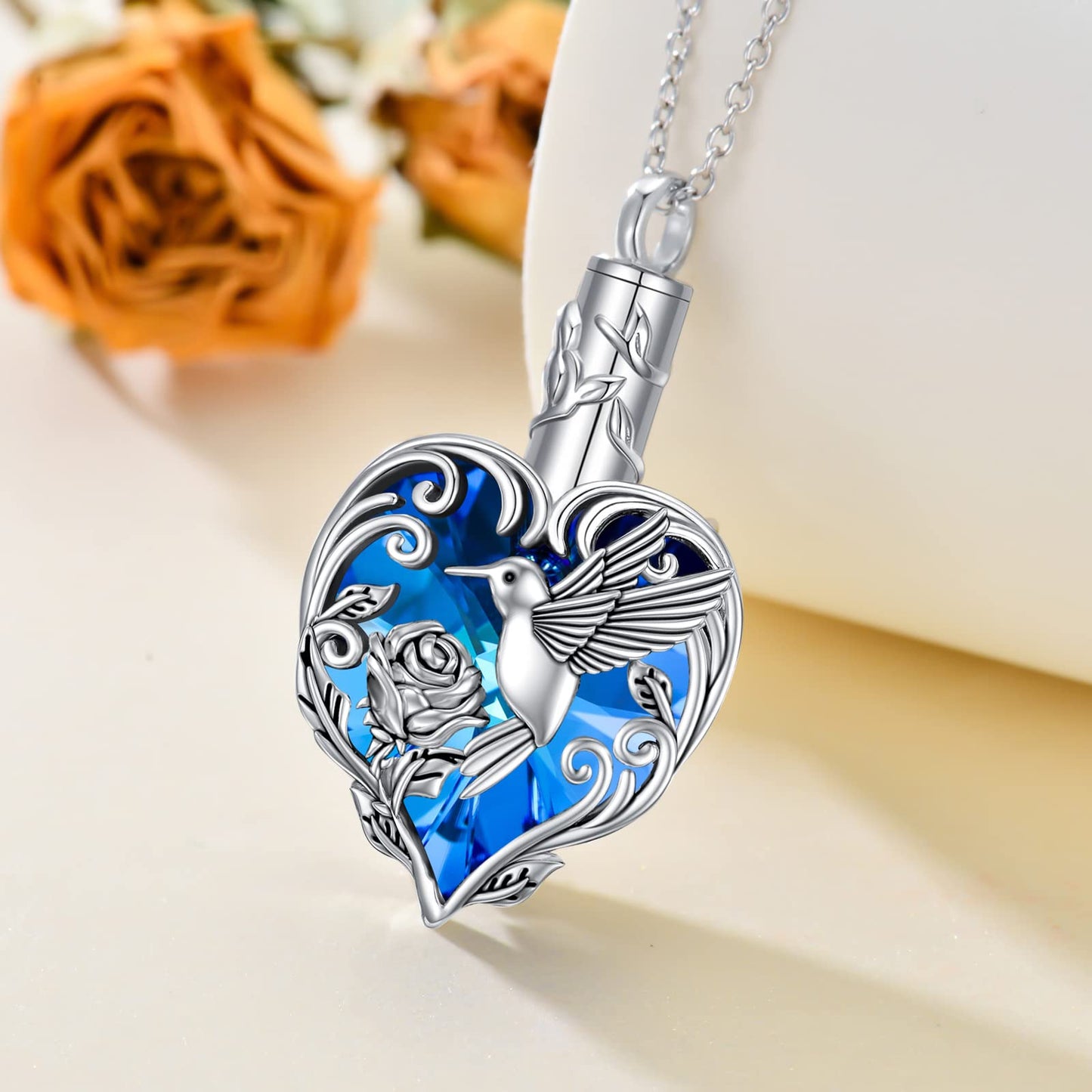 TOUPOP Hummingbird Urn Necklace for Ashes 925 Sterling Silver Heart Cremation Jewelry Keepsake Pendant with Funnel Filler Memorial Christmas Gifts for Women Mom Wife