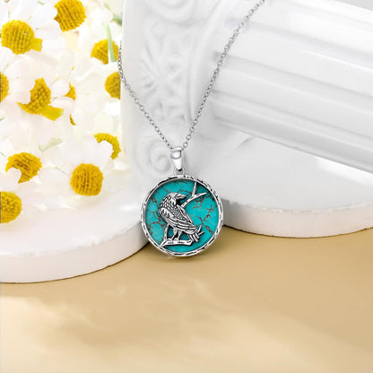 Turquoise Raven Necklace 925 Sterling Silver Real Blue Turquoise Viking Crow Pendant Western Vintage Animal Jewelry for Women