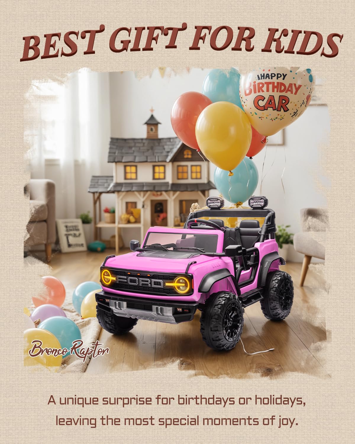 First Ride On 24V Ride on Toys for Big Kids, Licensed Ford Bronco Raptor 2 Seater Ride on Cars with Remote Control, Ride on Truck w/ 4-Wheeler Suspension, 3 Speeds, Led Lights, Bluetooth (24V, Pink) | First Ride On, 24V, for Big Kids, 2 Seater, with Remot