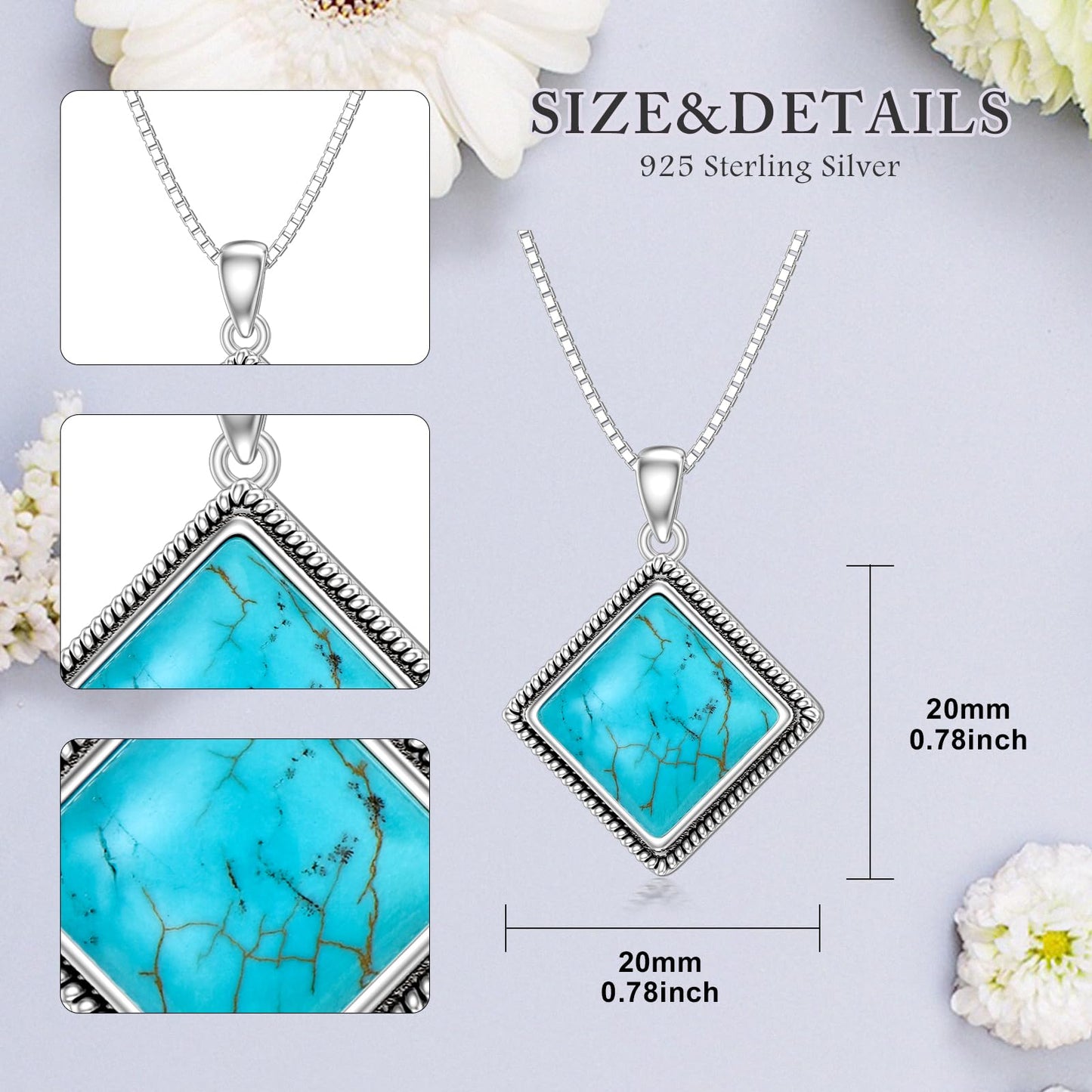 Turquoise Necklace 925 Sterling Silver Natural Turquoise Gemstone Pendant Vintage Bohemian Western Jewelry Gifts for Women