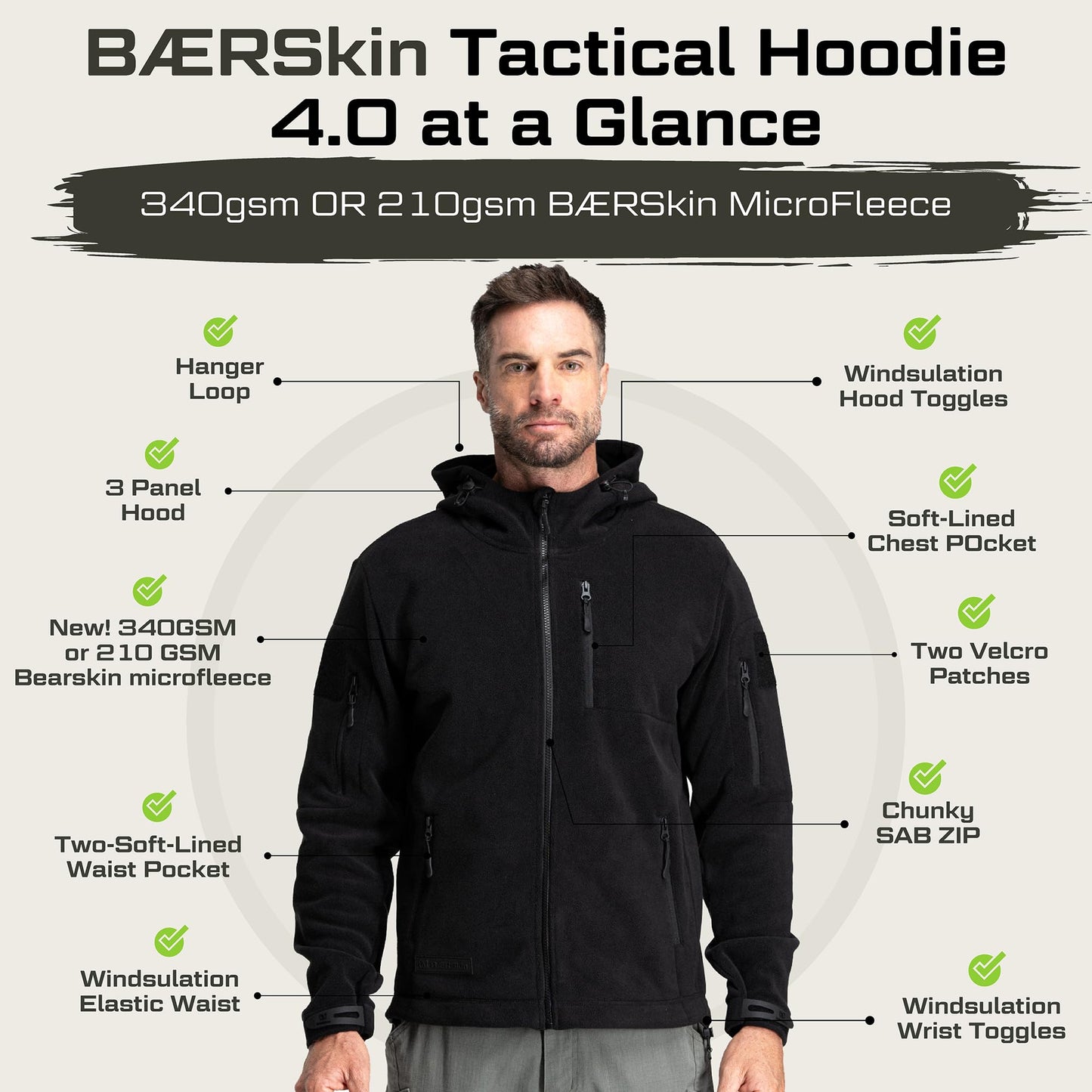Baerskin Tactical Hoodie Jacket for Men 4.0 - Military Style Fleece Sweater for Cold, Rain, Wind or Snow
