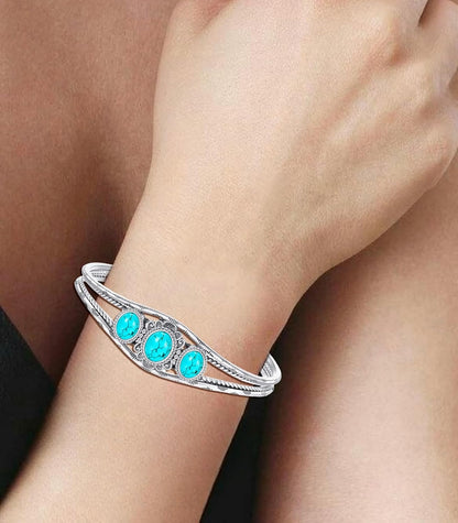 Genuine 3 Turquoise Stone Large Bracelet, Sterling Silver Boho Adjustable Bangle Cuff Native American Jewelry for Women, Fit for 6.5 7 7.5 Inches