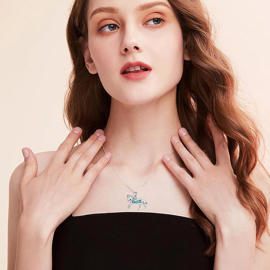 Natural Turquoise Horse Necklace for Women 925 Sterling Silver Running Horse Pendant Necklaces Animal Horse Charm Lucky Horse Jewelry Birthday Gift for Mom Wife