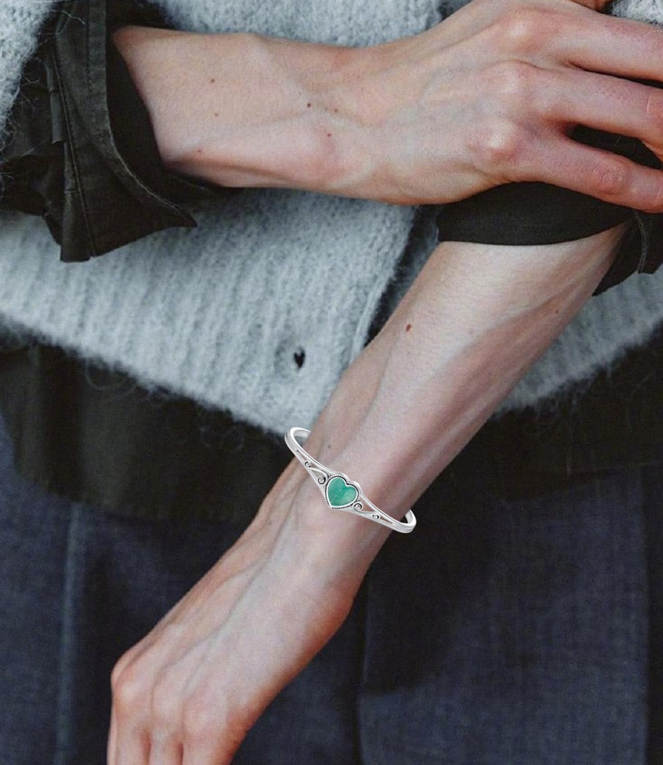 Genuine Turquoise Bracelet, Sterling Silver Native American Boho Adjustable Heart Bangle Cuff Jewelry for Women, Fit for 6.5 7 7.5 Inches