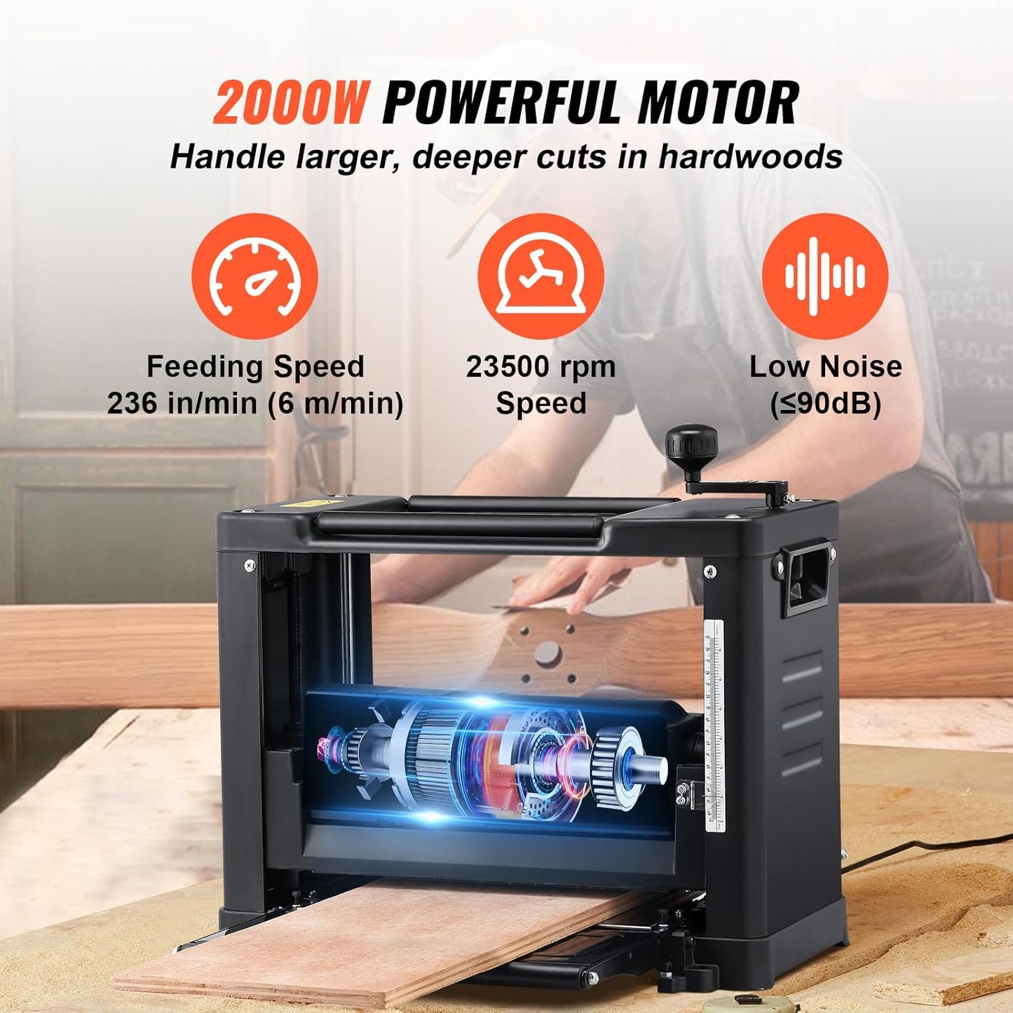 VEVOR Thickness Planer, Two-Blade, 13" Width Worktable Benchtop Planer, 15-Amp 2000W Powerful Motor, 12" Extended Infeeding Table, Low Noise for both hard & soft wood material removal