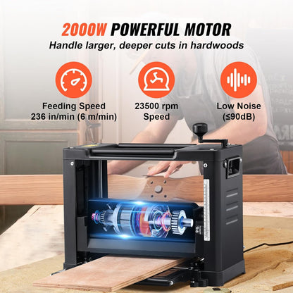 VEVOR Thickness Planer, Two-Blade, 13" Width Worktable Benchtop Planer, 15-Amp 2000W Powerful Motor, 12" Extended Infeeding Table, Low Noise for both hard & soft wood material removal