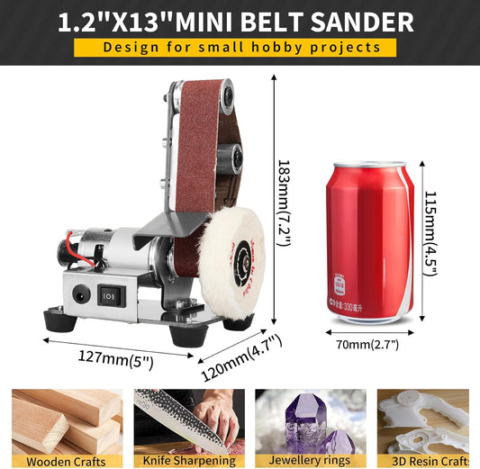 3-In-1 Mini Belt Sander - Adjustable Speed Electric Grinding Sanding Machine, Handcraft System Bench Grinder Polisher Buffer for DIY Craft Wood Stained Glass Jewelry Making (Plus Kit)