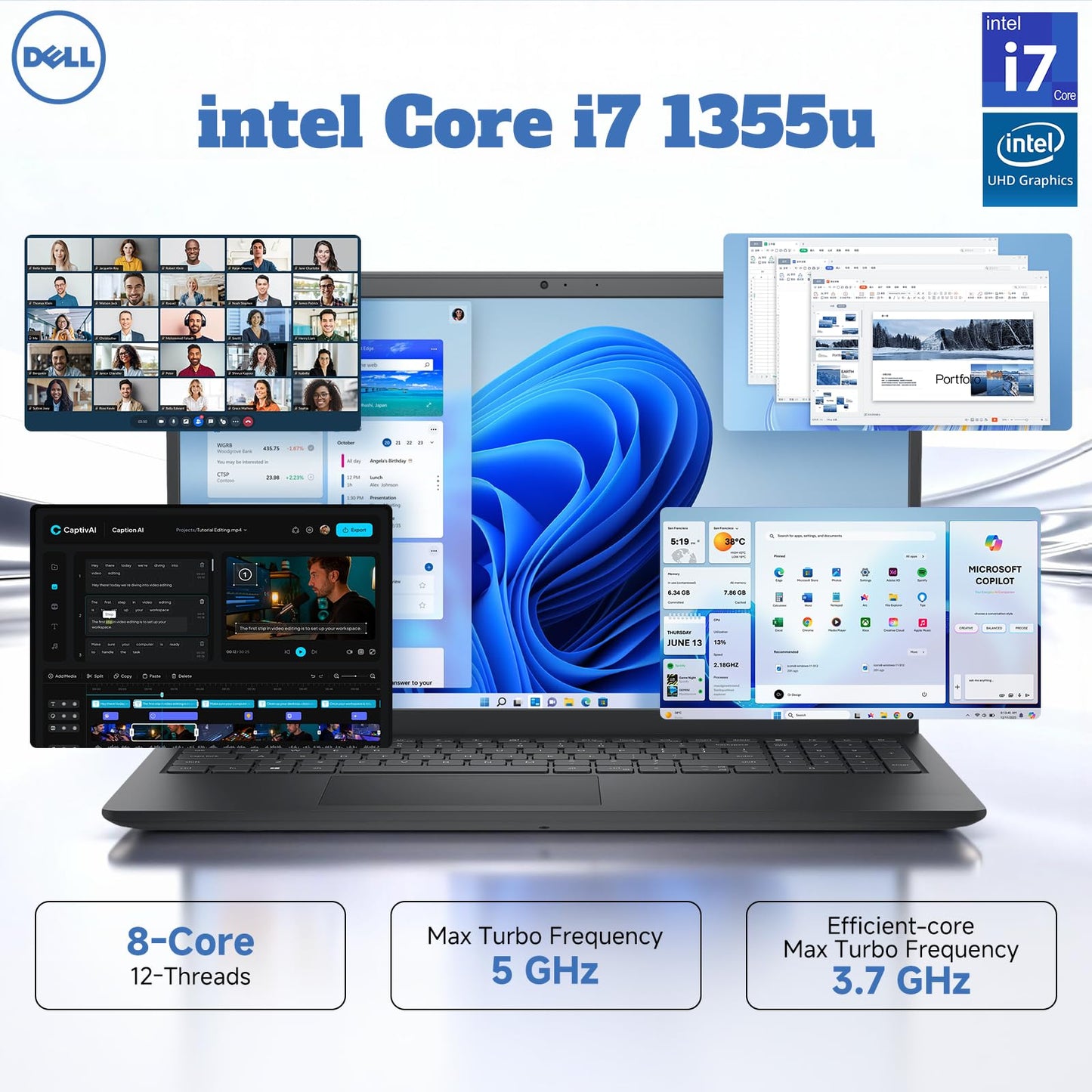 Dell 15 DC15250 Touchscreen Laptop, Intel Core i7-1355U(Up to 5.0 GHz), 15.6" FHD Anti Glare Screen, Intel UHD Graphics, 32 GB RAM, 1 TB SSD, Wi-Fi 6, Windows 11 Pro, Copilot-AI Chat, REDRAGON Mouse