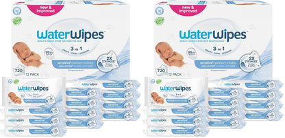 WaterWipes Sensitive+ Newborn & Baby Wipes, 3-In-1 Cleans, Cares, Protects, 99.9% Water, Unscented & Hypoallergenic, 720 Count (12 Packs)