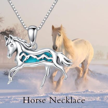 Natural Turquoise Horse Necklace for Women 925 Sterling Silver Running Horse Pendant Necklaces Animal Horse Charm Lucky Horse Jewelry Birthday Gift for Mom Wife
