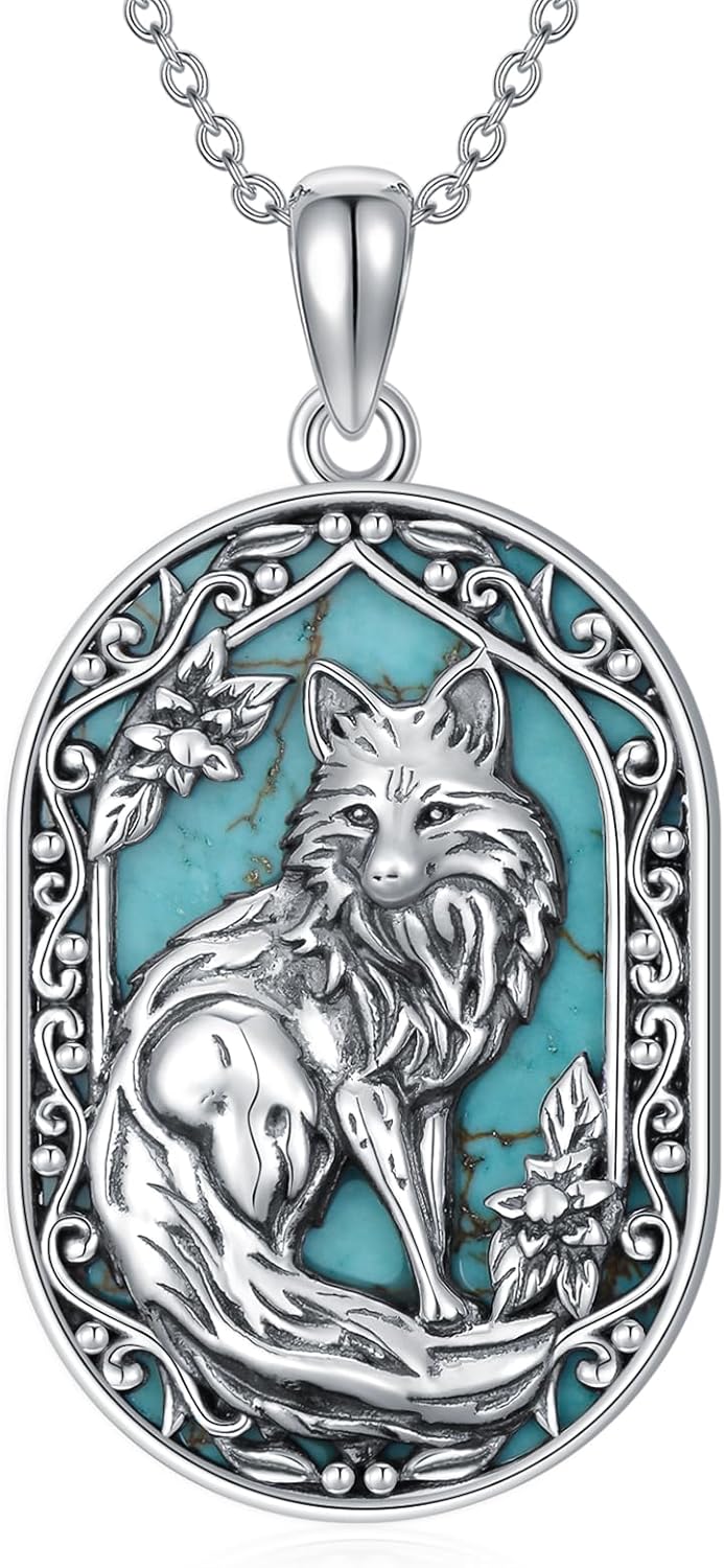 Turquoise Fox Necklace 925 Sterling Silver Real Turquoise Gemstone Fox Animal Pendant Vintage Jewelry for Women