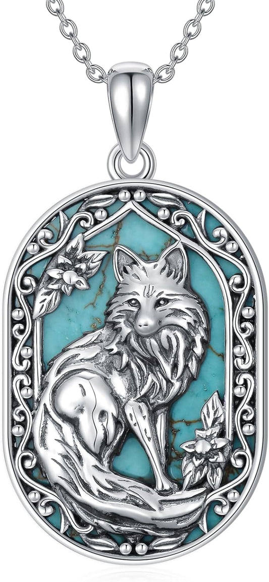 Turquoise Fox Necklace 925 Sterling Silver Real Turquoise Gemstone Fox Animal Pendant Vintage Jewelry for Women