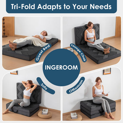 INGEROOM Trifold Mattress Queen - Memory Foam 6 inch Foldable Mattress for Camping, with Portable Handle, Non-Slip Folding Floor Bed Sofa for Guest Travel Yoga, Washable Breathable Cover