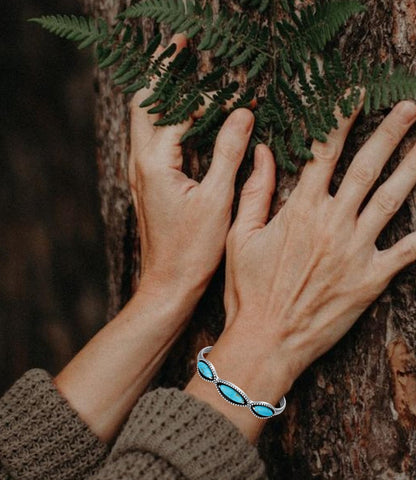 Genuine 3 Turquoise Stones Boho Bracelet, Sterling Silver Adjustable Bangle Cuff Native American Gemstones Jewelry, Fit for 6.5 7 7.5 Inches