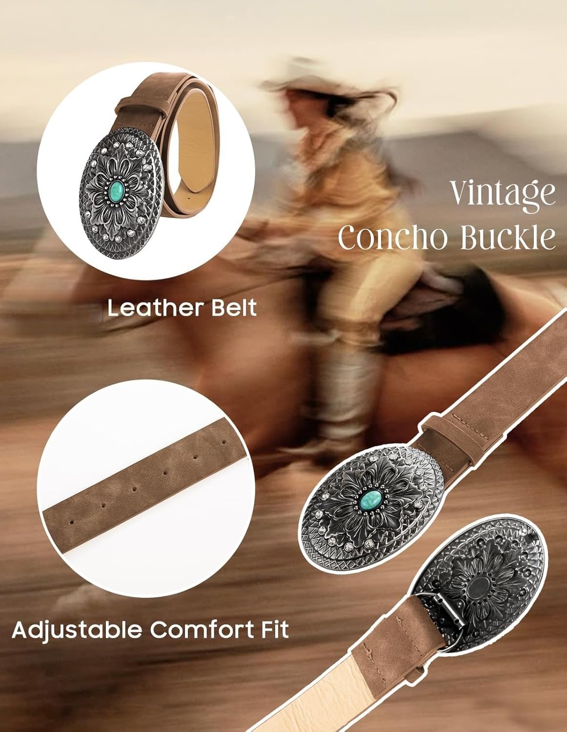 Women's Western Genuine Leather Belt Turquoise Buckle Cowgirl Country Style