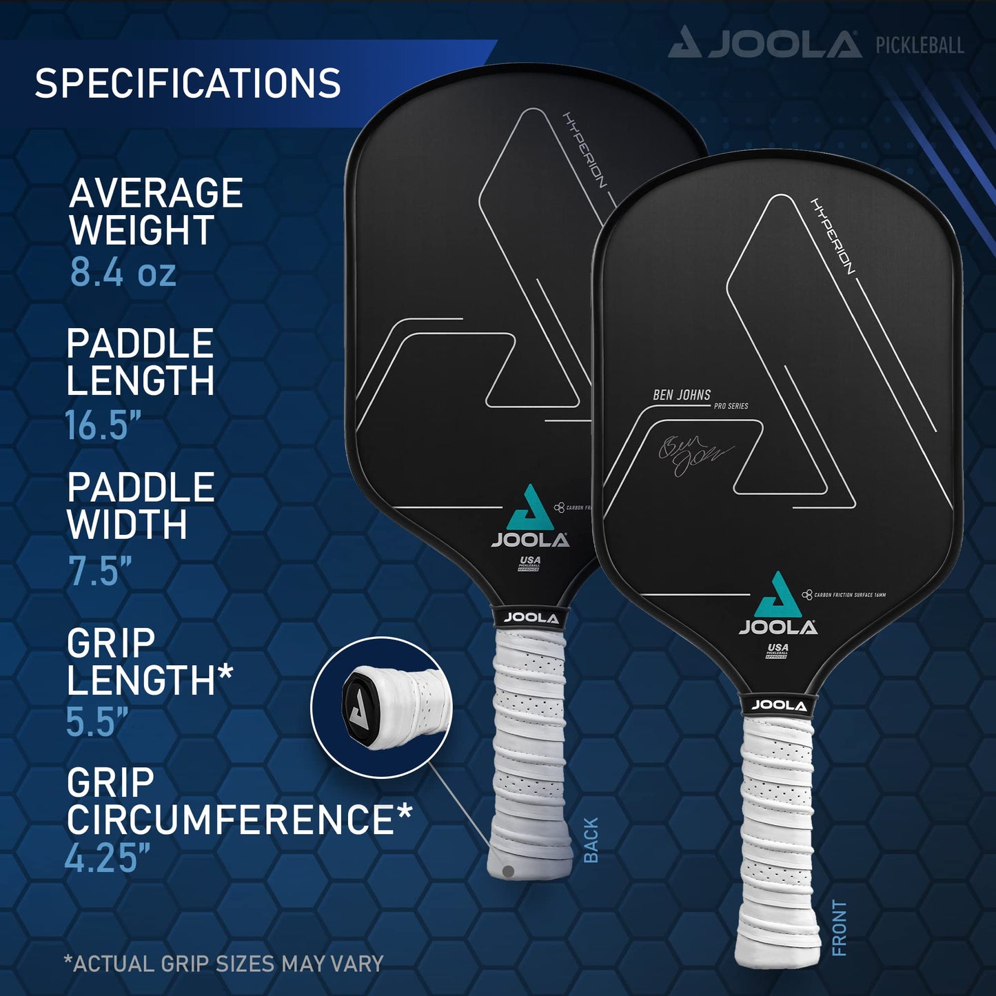 JOOLA Ben Johns Hyperion CFS Pickleball Paddle – Carbon Surface with High Grit & Spin, Elongated Handle, USAPA Approved Ben Johns Paddle