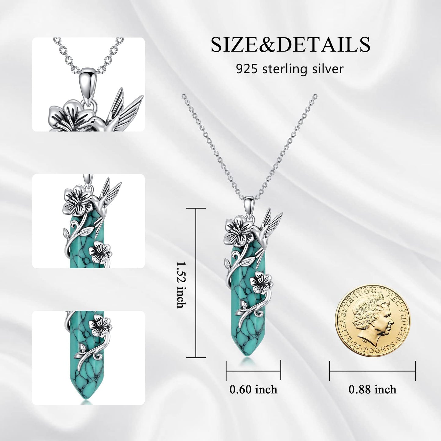 Hummingbird Necklace for Women 925 Sterling Silver Hexagonal Birthstone Gemstone Cute Bird Pendant for Girlfriends Jewelry for Her