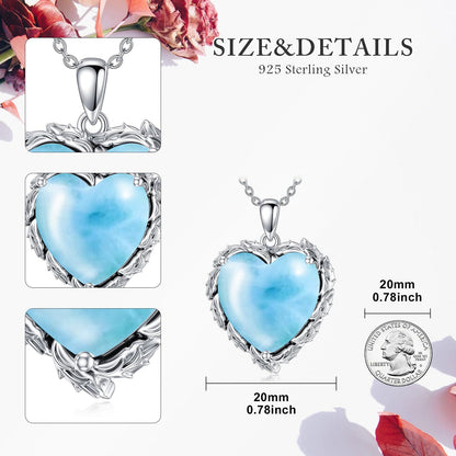 Genuine Gemstone Heart Necklaces for Women 925 Sterling Silver Natural Turquoise/Rose Quartz/Moonstone Pendant Vintage Western Jewelry Gift for Mom Wife Her