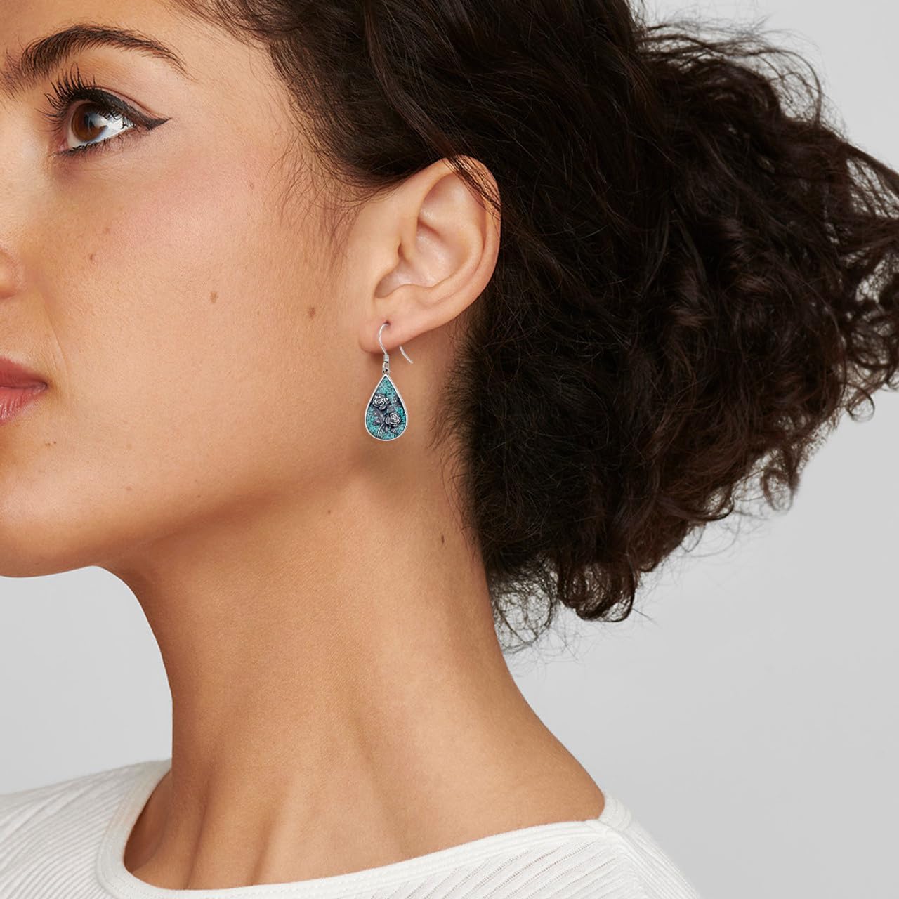 Genuine Turquoise Rose Vintage Earrings, Sterling Silver Boho Native American Western Teardrop Earrings Jewelry for Women