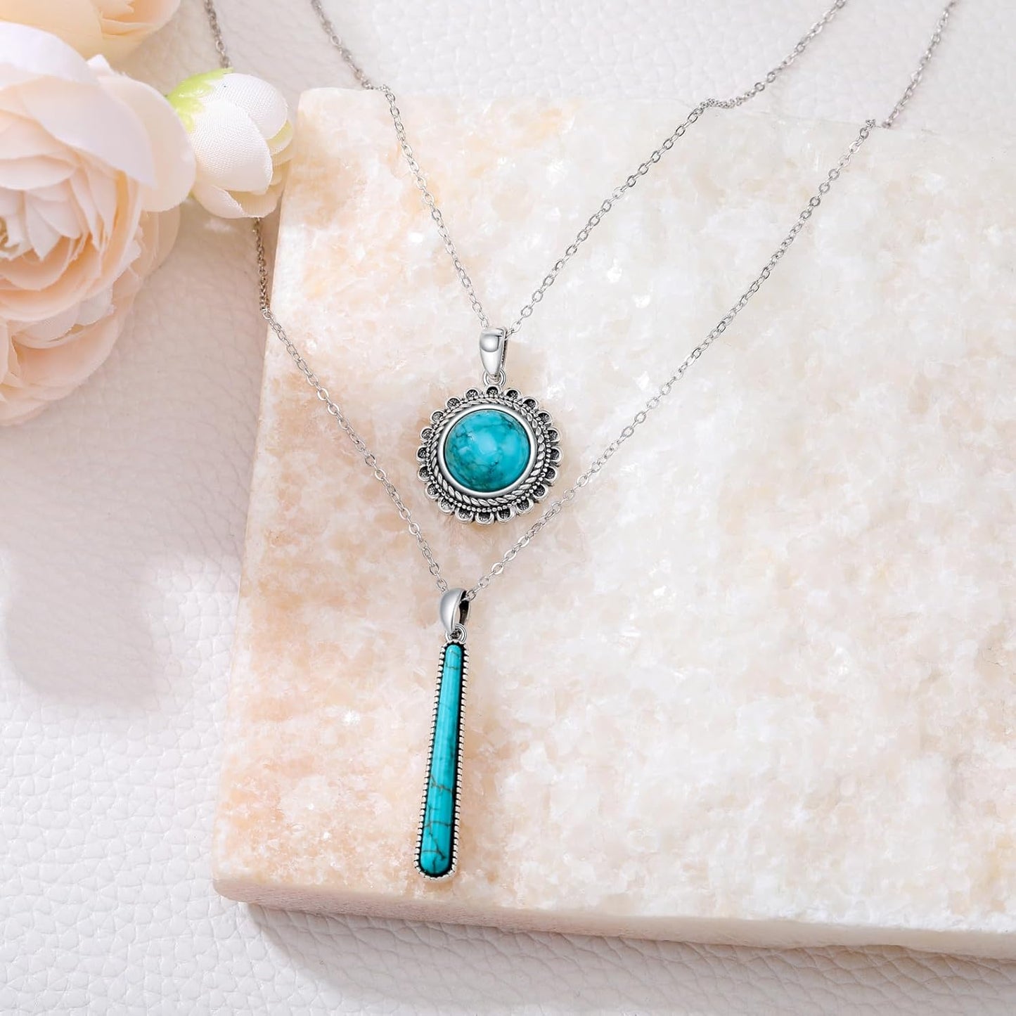Turquoise Layered Necklace 925 Sterling Silver Genuine Gemstone Turquoise Pendant Boho Jewelry Gifts for Women