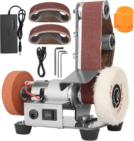 3-In-1 Mini Belt Sander - Adjustable Speed Electric Grinding Sanding Machine, Handcraft System Bench Grinder Polisher Buffer for DIY Craft Wood Stained Glass Jewelry Making (Plus Kit)