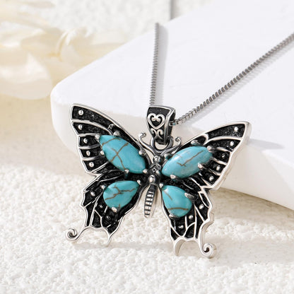 Genuine Butterfly Turquoise Vinatge Necklace, Sterling Silver Vintage Native American Western Jewelry Birthdays Gift for Women