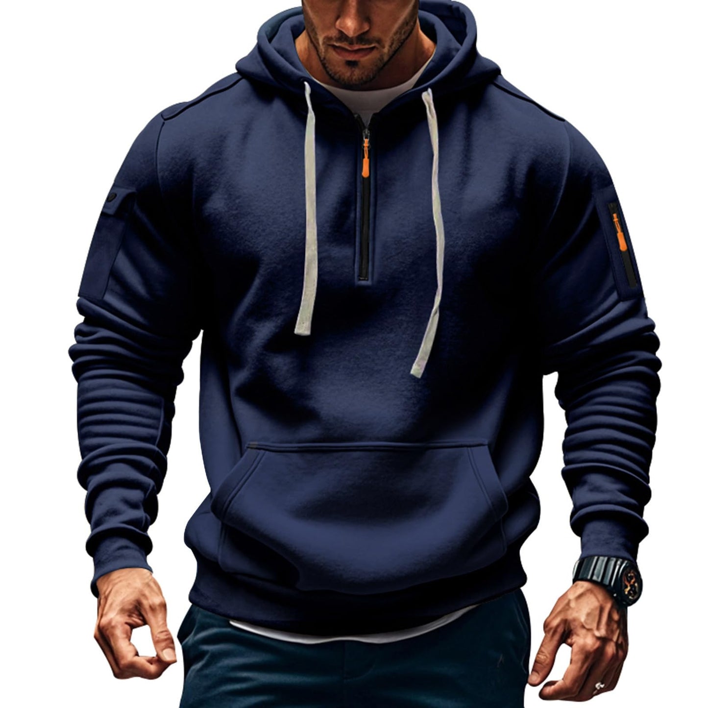 Men's Fleece Workout Athletic Pullover Hoodie Long Sleeve Basic Quarter Zip Pullover Sweatshirt with Kanga Pocket