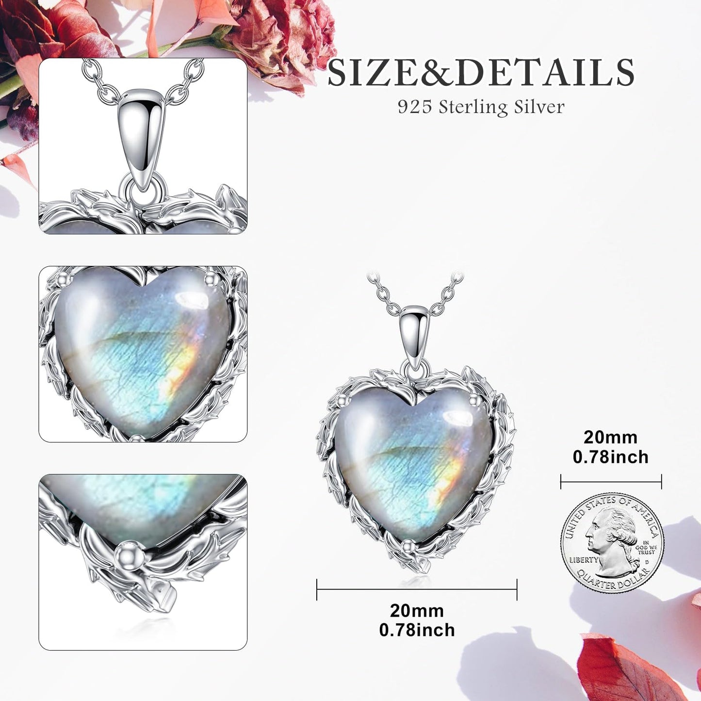 Genuine Gemstone Heart Necklaces for Women 925 Sterling Silver Natural Turquoise/Rose Quartz/Moonstone Pendant Vintage Western Jewelry Gift for Mom Wife Her