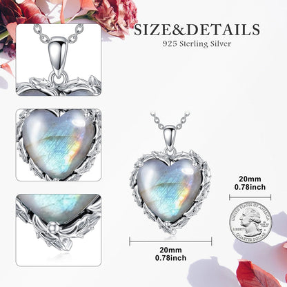 Genuine Gemstone Heart Necklaces for Women 925 Sterling Silver Natural Turquoise/Rose Quartz/Moonstone Pendant Vintage Western Jewelry Gift for Mom Wife Her