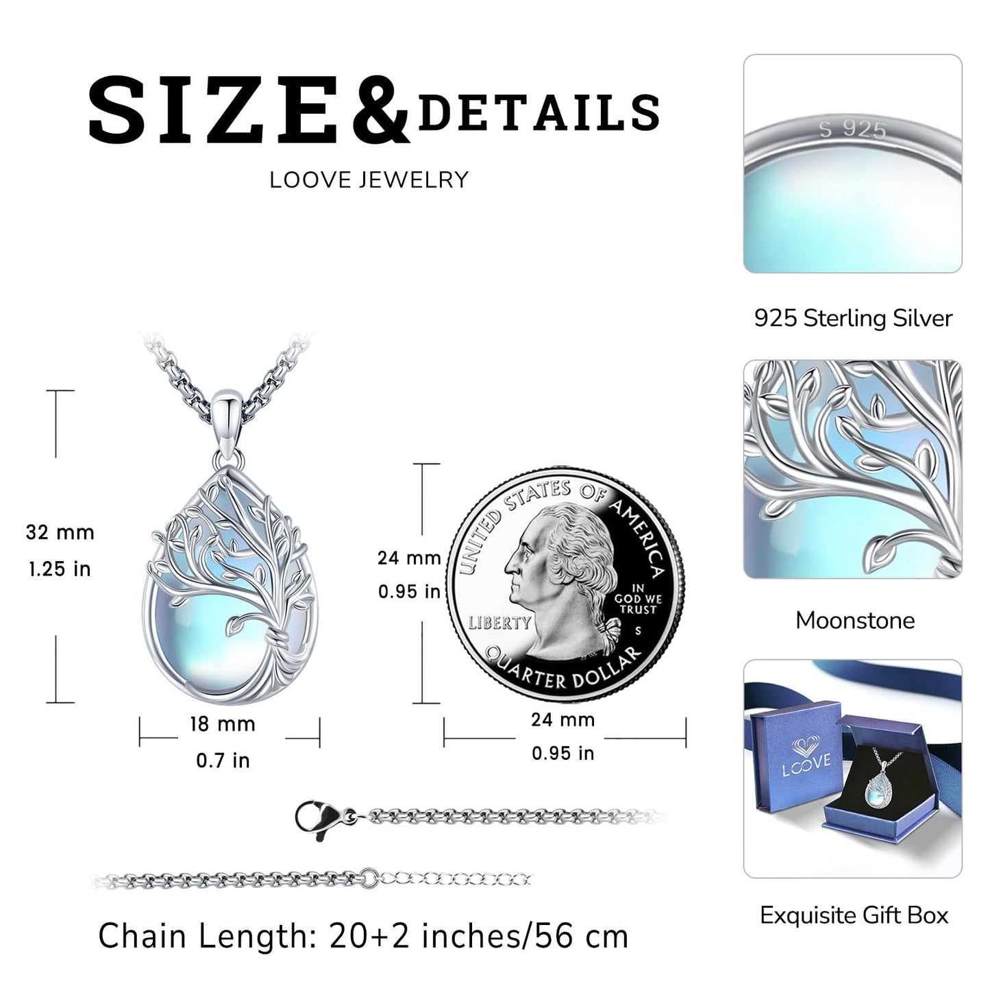 Jewelry Gifts - Tree of Life Necklace Sterling Silver Abalone Shell/Opal/Moonstone/Black Onyx/Turquoise/Malachite/Crystal Family Tree of Life Jewelry for Women Men