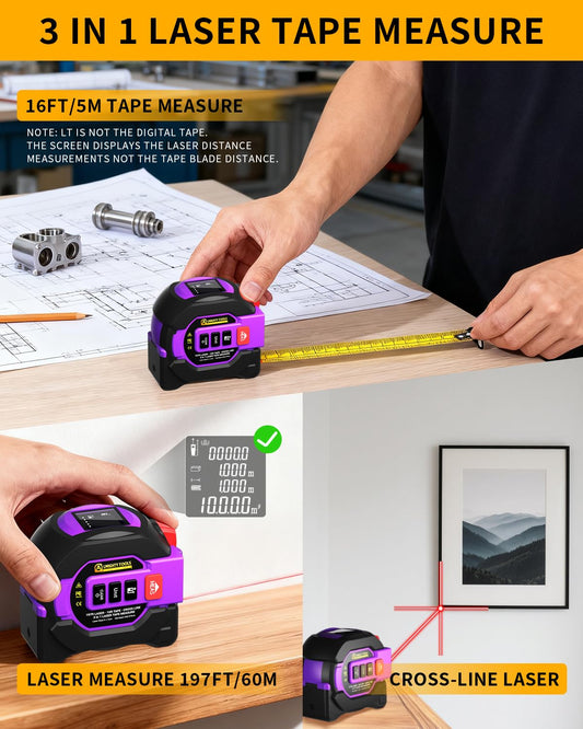 3 in 1 Digital Laser Tape Measure, 197ft/60m Laser Distance Meter, 16ft/5m Digital Tape Measure with Cross Line, AutoLock, ft/in/m Unit Switch, Measure Area, Volume, Pythagorean