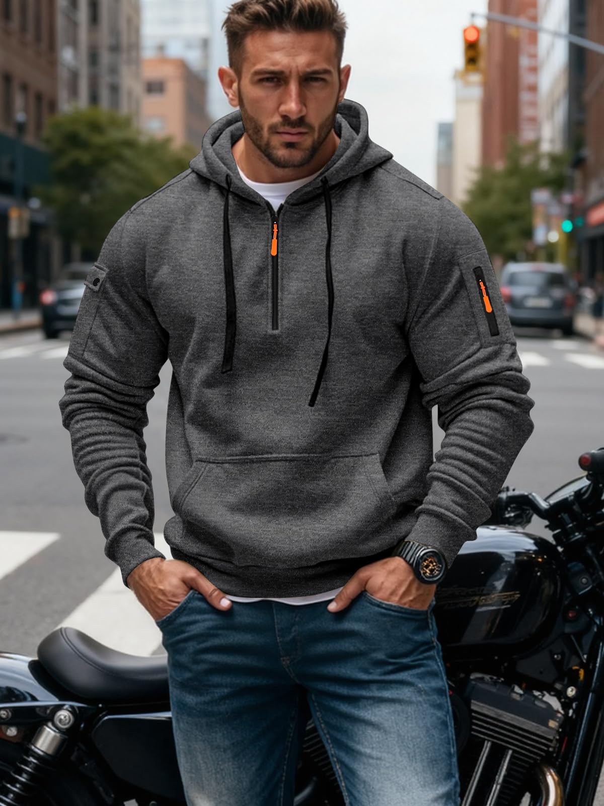 Men's Fleece Workout Athletic Pullover Hoodie Long Sleeve Basic Quarter Zip Pullover Sweatshirt with Kanga Pocket